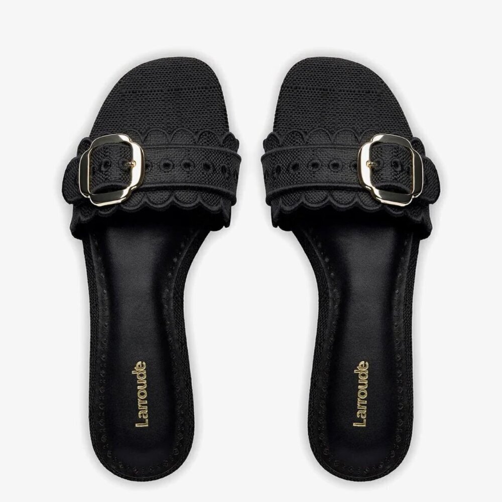 Larroude Ivy Broderie Flat Mule In Black Raffia